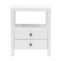 a white night stand with two drawers and one drawer on the bottom, against a white background