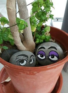 some rocks with faces painted on them in a pot