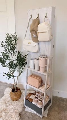 a white shelf with shoes and purses on it next to a potted plant