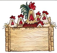 a group of chickens sitting on top of a wooden sign