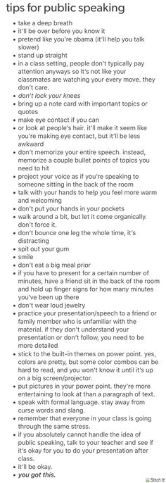a white sheet with black writing on it and the words tips for public speaking written below