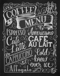 coffee menu written in chalk on a blackboard with an ornate frame around the edges