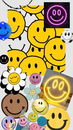 a collage of smiley faces with different colors and shapes on them, including the letter o