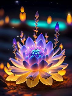 a purple flower is lit up in the dark with yellow lights around it and floating on water