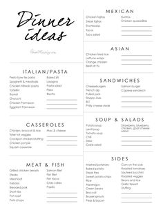 a black and white menu with the names of different foods
