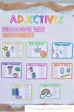 a bulletin board with the words adjective's on it and pictures in different colors