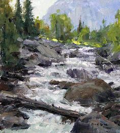 a painting of a river with rocks and trees