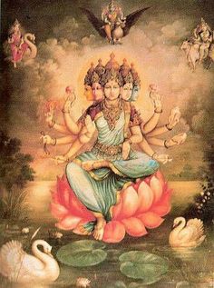 an image of the hindu god sitting on top of a lotus in front of swans