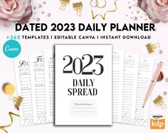 "Discover our Awesome Canva 2023 Daily Planner 8.5x11\" or A4 . 365 Canva Template For Creating your own daily weekly 2023 planner, log Journal, binder or notebook, Calendar ... Clean, nice and modern design. The files were created with good resolution to ensure clear print. Also used as Amazon KDP interiors (Kindle Direct Publishing). LEGAL INFORMATION These prints can be used commercial purpose and use as your book interior in print or digital form and then sell the book online. You can't sell Planner Template, Vision Board Planner, Keyword Planner, Business Planner, Manifestation Journal