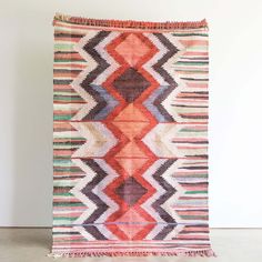 Colourful boho-style rug with graphic geometric pattern. Crafted from strips of hand-dyed, offcut cotton fabrics. #colourfulbohobedroom #brightbohorug Rug Runners, Pink Rugs, Cotton Rug, Green Rug, Striped Cushions, Rug Runner, Rug Design, Rug Styles