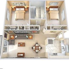 an overhead view of a two bedroom apartment