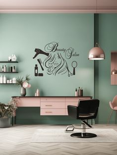 a beauty salon wall decal with scissors and hairdryer on the wall next to a chair