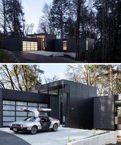this modern house in the woods has an open garage door and is surrounded by trees