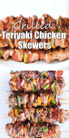 grilled teriyaki chicken skewers on a white plate with text overlay