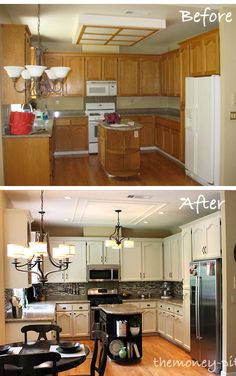before and after pictures of a kitchen remodel with white cabinets, wood floors, and stainless steel appliances