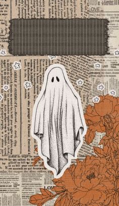 an image of a ghost with flowers on top of newspaper pages and paper cutouts