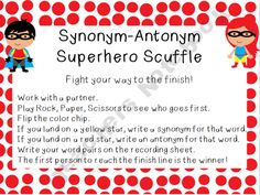 a red and white polka dot background with an image of a superhero scuffle