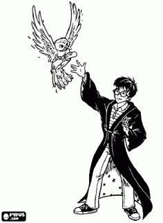an ink drawing of a man holding a bird in his hand with the caption harry potter
