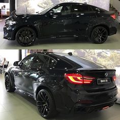 two side by side images of a black bmw x6 at an automobile showroom