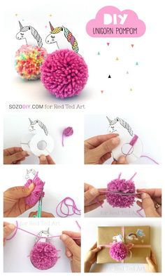the instructions for making pom poms are shown
