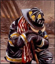a painting of a firefighter holding his helmet on top of his head while sitting in front of a mirror