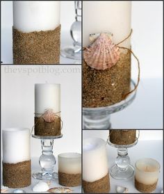 10 Unique Shell Crafts - Dukes & Duchesses Decoupage, Candles, Home-made Candles, Beach Theme Candles, Sand Candles, Candle Decor, Pillar Candles, Beach Decor, Diy Candles