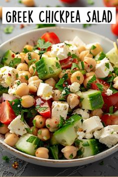 Discover the ultimate picnic-perfect dish with this Greek Chickpea Salad! Ideal for summer refreshment, busy weeknights, and holiday sides. Packed with nutritious chickpeas, vibrant veggies, and creamy feta, it's a family-friendly meal that's both quick and easy. Perfect for BBQs, potlucks, and as a delightful no-cook meal prep option. Dive into this Mediterranean chickpea blend for a light, lean, and satisfying dish that's sure to be a hit at any table #salad #chickpeas #healthyrecipe #vegetarianmeal #healthy