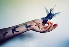 a person's arm with a tattoo on it and a bird flying over them