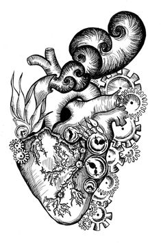 an ink drawing of a heart with many different things inside it