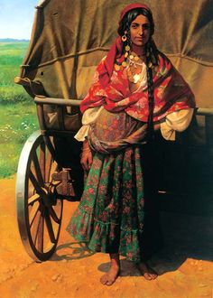 a painting of a woman standing next to a covered wagon