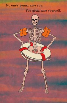 a skeleton sitting on top of a life preserver with an orange cup in it's hand