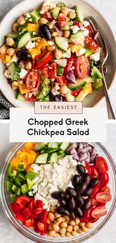 chopped greek chickpea salad in a bowl with the title above it and an image of