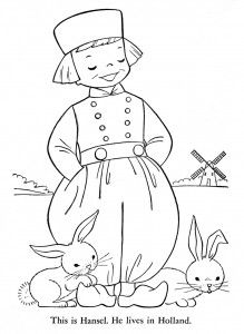 a coloring page with a girl and two rabbits
