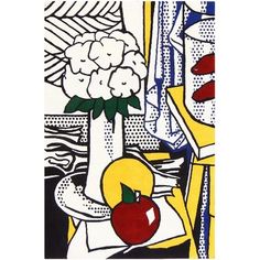 a painting with an apple and flowers in it next to a vase on a table