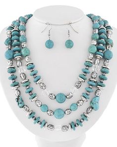 Antique Silver Tone / Turquoise Stone & Antique Silver Ccb (bead) / Lead&nickel Compliant / Fish Hook (earrings) / Multi Row / Necklace & Earring Set Turquoise, Hook Earrings, Beaded Jewelry Earrings, Earring Set