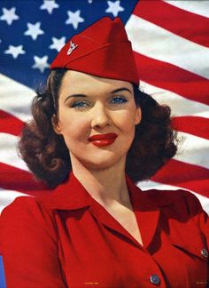 an image of a woman in uniform with the american flag behind her on a poster