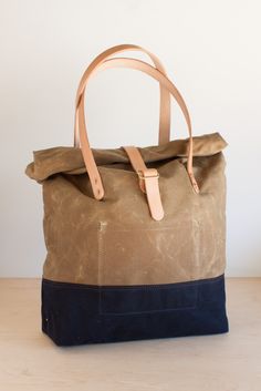 Sage/Navy Roll-Top Tote | Strawfoot Leather, Purses, Purses And Bags, Leather Bag, Waxed Canvas Bag, Bag Lady, Bags Designer, Twill Tape, Cotton Canvas