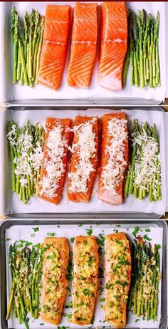 three trays filled with salmon and asparagus on top of each other,