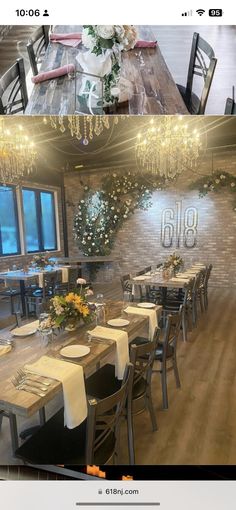 the dining room is decorated with flowers and greenery for an elegant touch to the space