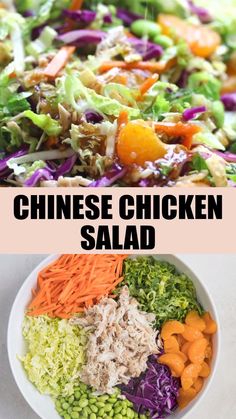 the ingredients for chinese chicken salad in a white bowl are being drizzled with dressing