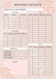 a pink and white printable budget sheet with the words, month of september on it