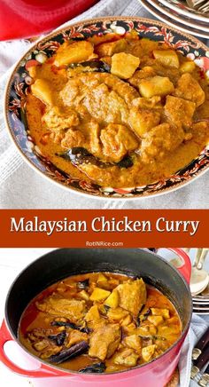 malaysian chicken curry in a red bowl with spoons