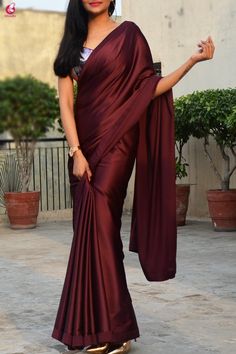Buy Wine Satin Saree Online in India | Colorauction India, Indian Gowns Dresses, Indian Sari Dress, Indian Fashion Saree