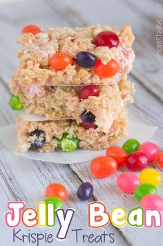 jelly bean krispie treats stacked on top of each other