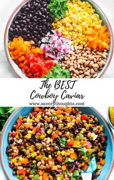 the best black - eyed peas and corn salad is shown in two different bowls, one with