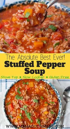 Stuffed Pepper Soup is the best recipe out for an easy, healthy, flavorful, one pot comfort food. Slow cooker directions included as well. #easy #slowcooker #healthy #best #stuffedpepper #glutenfree  via @mamagourmand Stuffed Pepper Soup Crock Pot Recipe, Stuffed Pepper Soup Crockpot, Stuffed Pepper Crockpot, Crockpot Soup Recipes