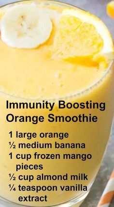 an orange smoothie in a glass with information about the ingredients on top and below it
