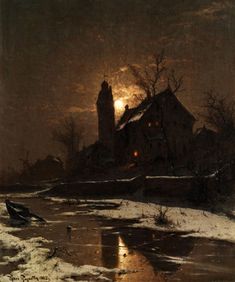 a painting of a snowy landscape with a church and river in the foreground at night