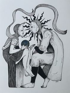 a black and white drawing of two people sitting next to each other