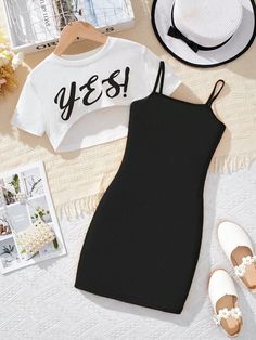 Black Casual Collar Short Sleeve  Letter  Embellished Slight Stretch  Tween Girls Clothing Casual, Clothes, Vestidos, Moda, Casual Preppy Outfits, Cute Dress Outfits, Outfits For Teens, Outfit